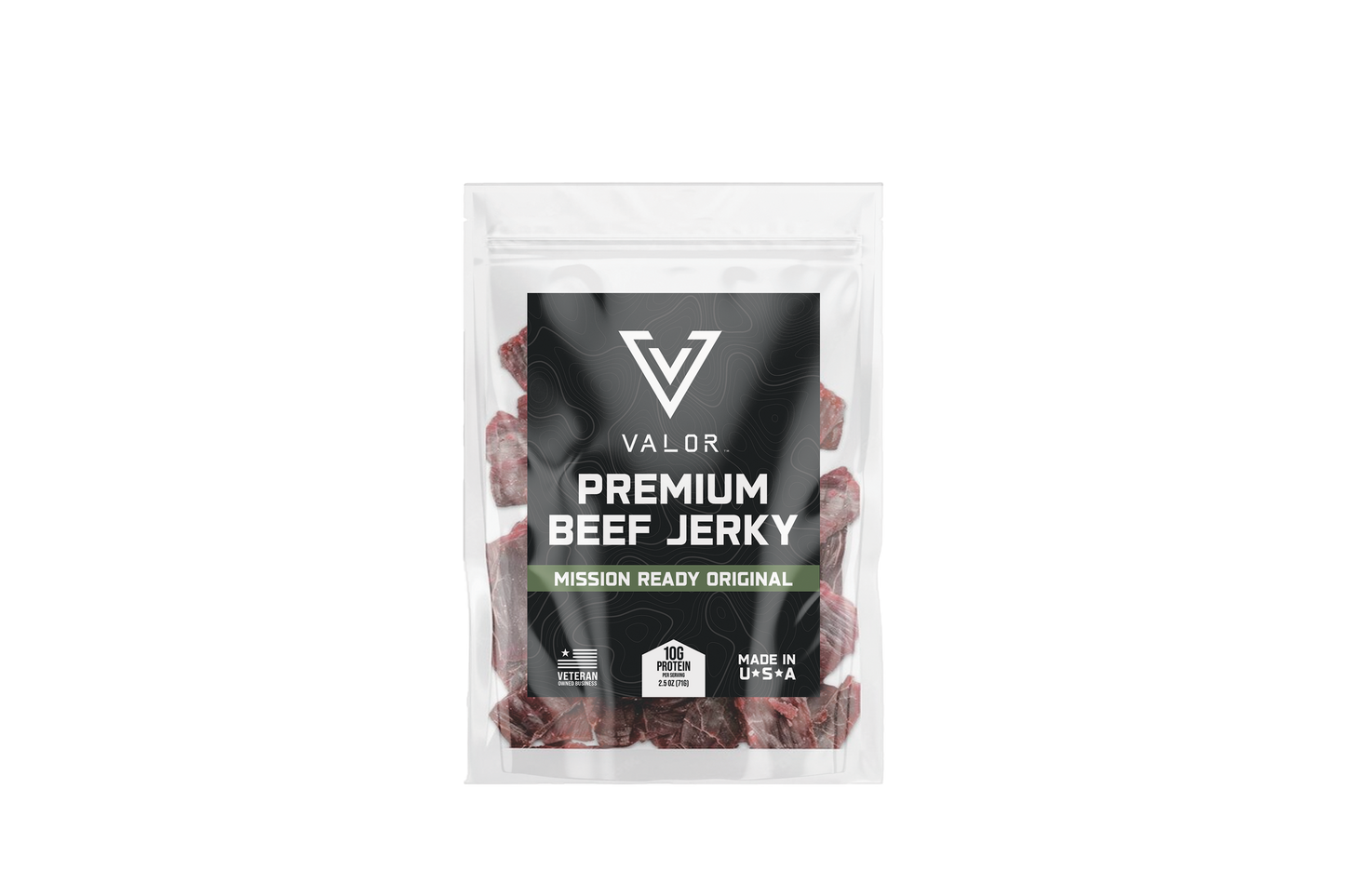 A package of VALOR Premium Beef Jerky, with the product visible through a clear window. The packaging is predominantly white with the VALOR logo and the product name 'Mission Ready Original'.
