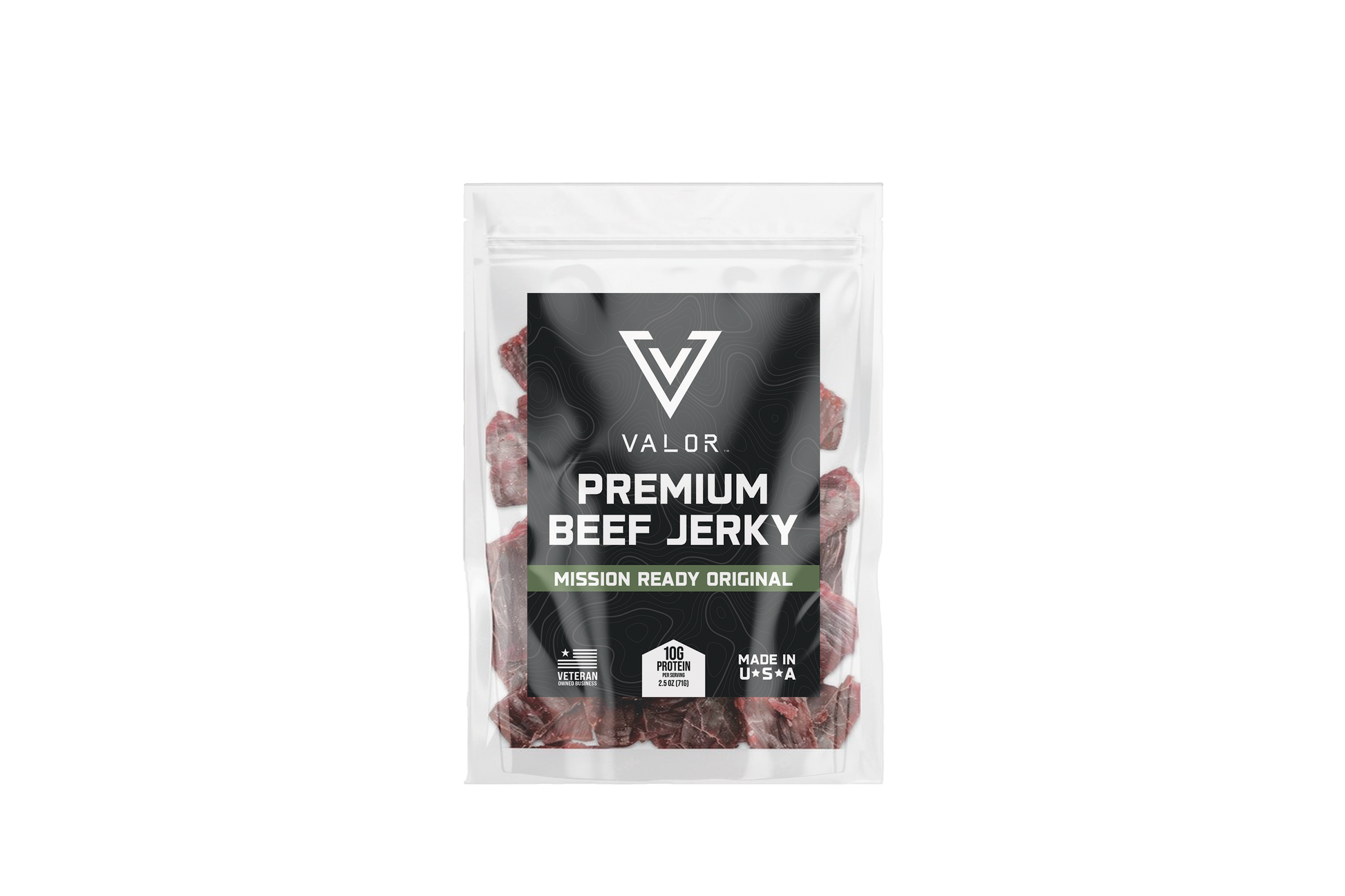 A package of VALOR Premium Beef Jerky, with the product visible through a clear window. The packaging is predominantly white with the VALOR logo and the product name 'Mission Ready Original'.